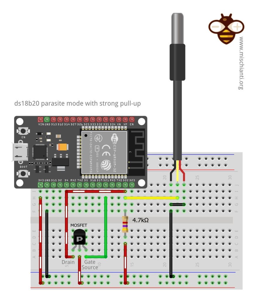 esp32: wiring ds18b20 waterproof in parasite mode with strong pull-up