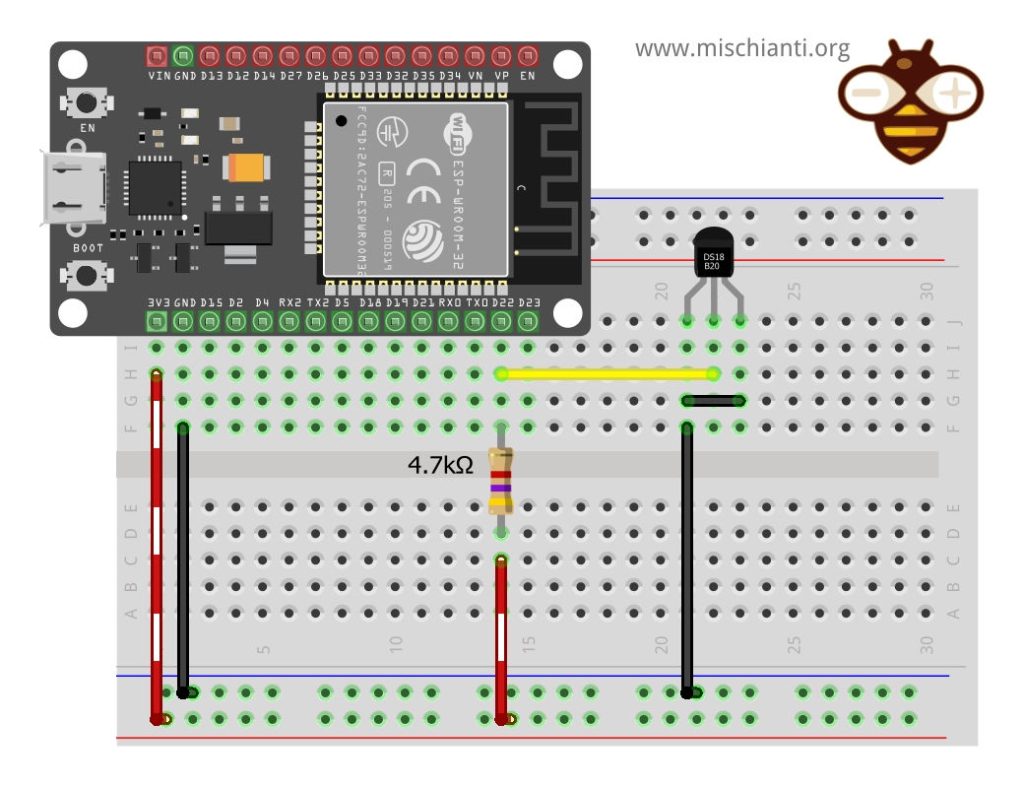 esp32 with ds18b20 in parasite mode: wiring breadboard