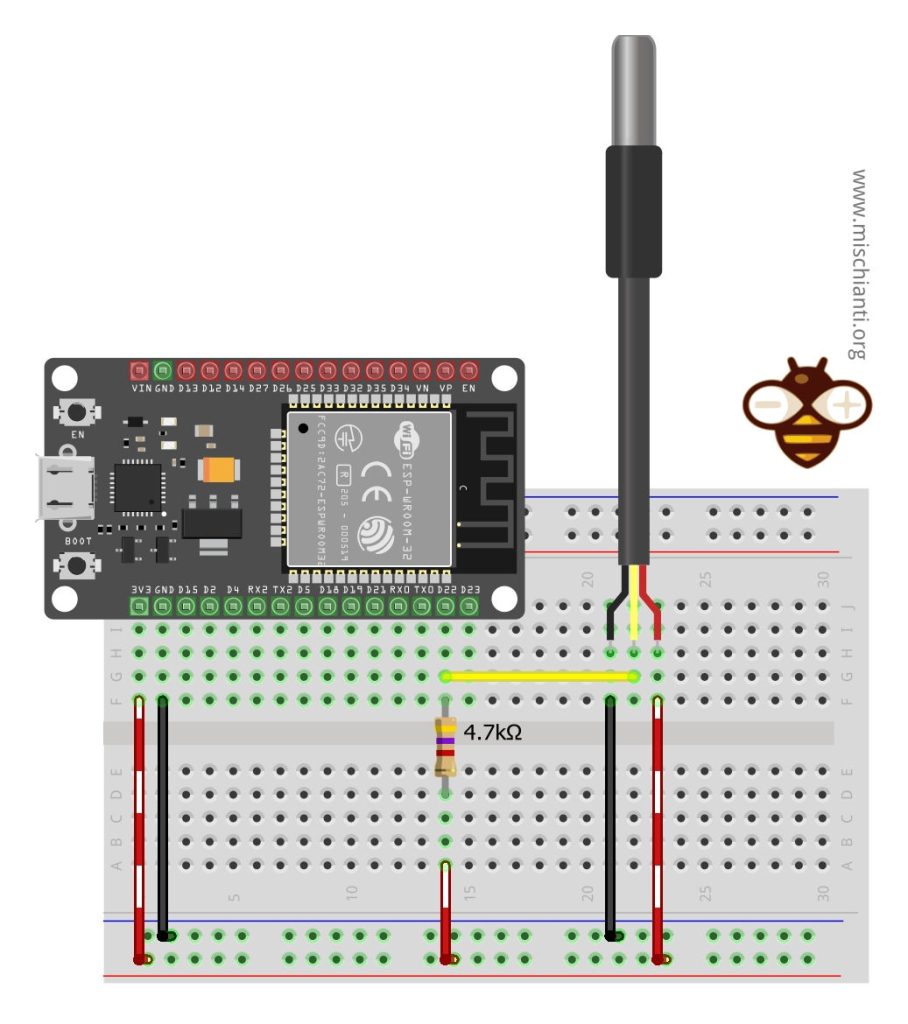 esp32 with waterproof ds18b20: wiring in breadboard