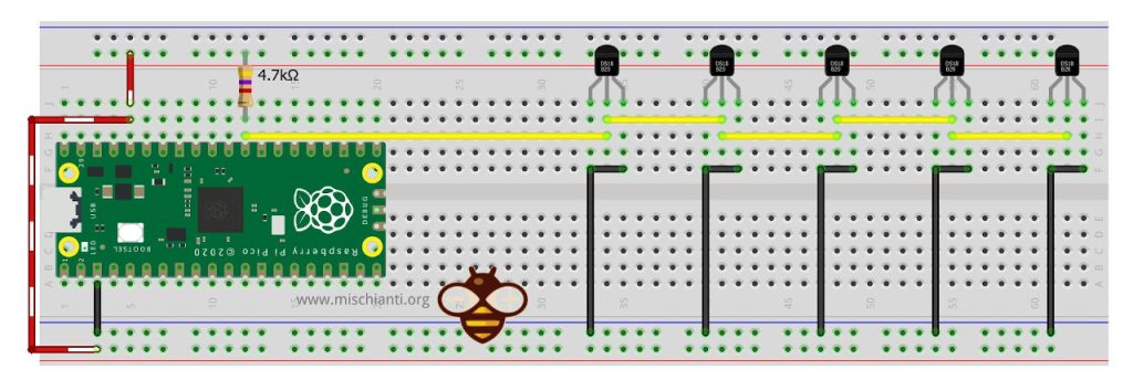 Raspberry Pi Pico (rp2040) e più ds18b20 parassiti in topologia lineare