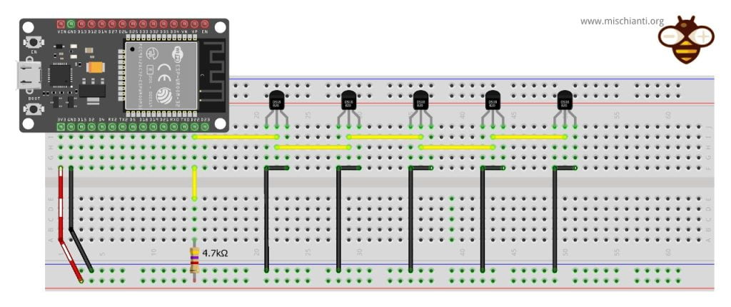 esp32: multiple parasite ds18b20 in linear topology