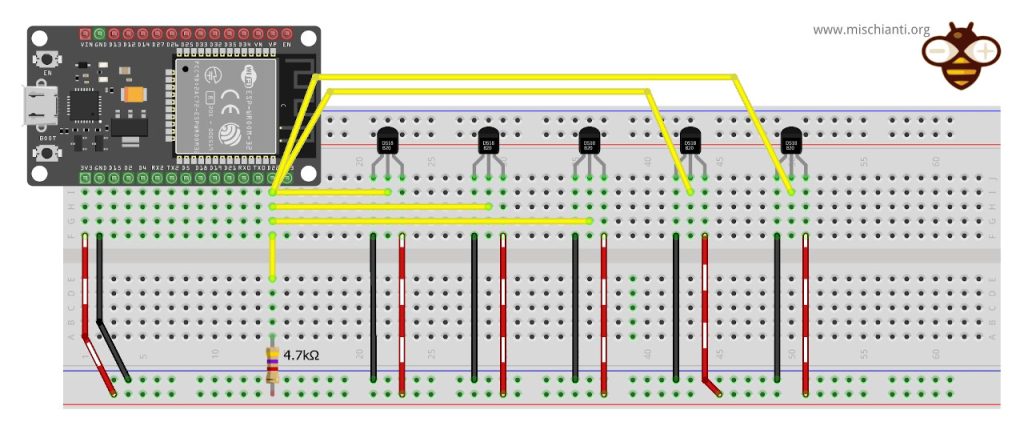 esp32: multiple ds18b20 in star topology