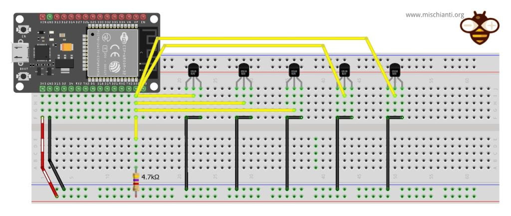 esp32: multiple parasite ds18b20 in star topology