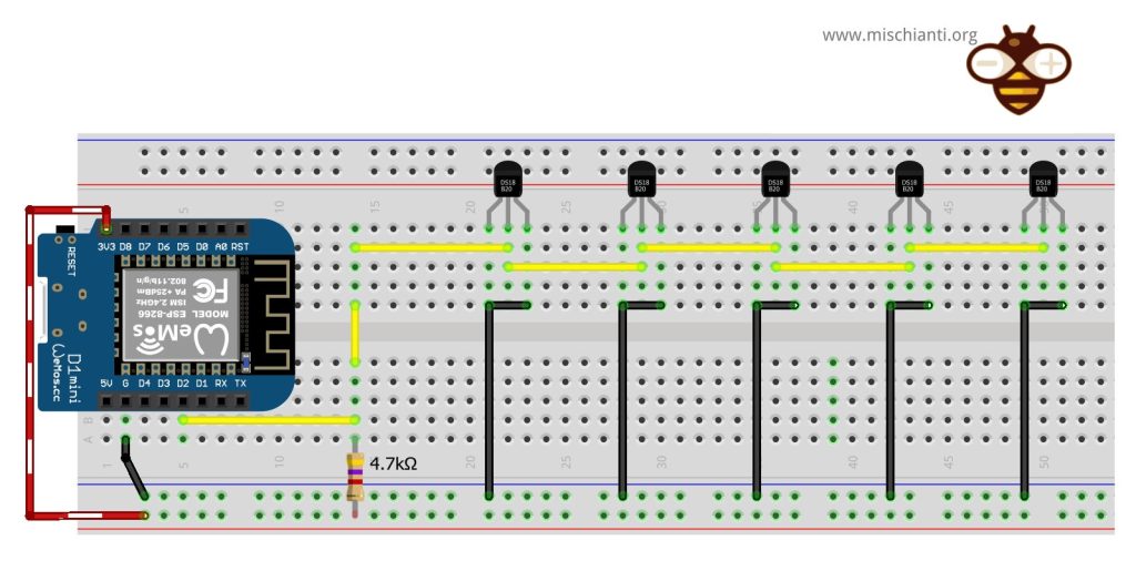 esp8266 and ds18b20: multiple sensors in parasite on linear topology