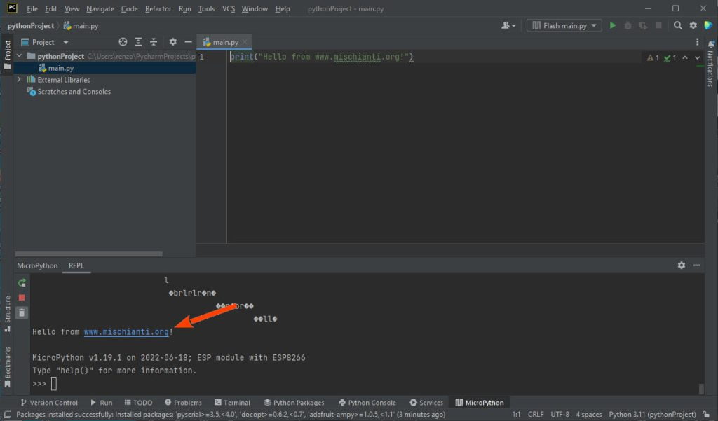 PyCharm MicroPython: mostra stampa in REPL