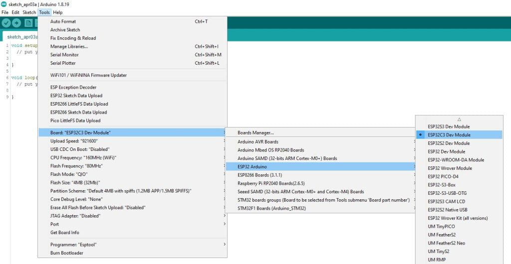 Arduino IDE 1: select esp32c3 Dev module