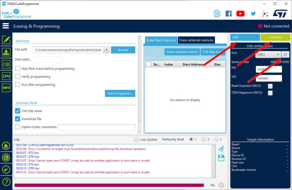STM32CubeProgrammer upload micropython firmware with USB