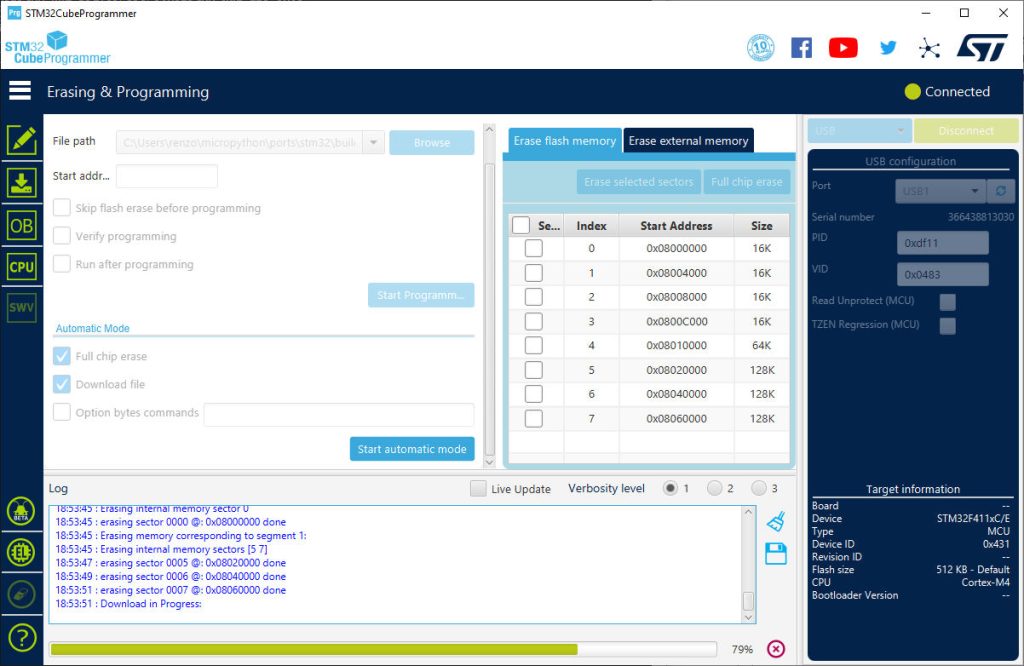 STM32CubeProgrammer upload micropython progress