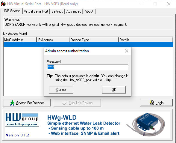 HW VSP3 Virtual Serial Port: login as admin