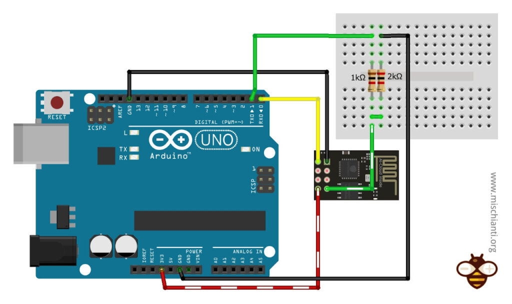 ESP-01 per il debugging remoto WiFi di Arduino UNO con partitore di tensione