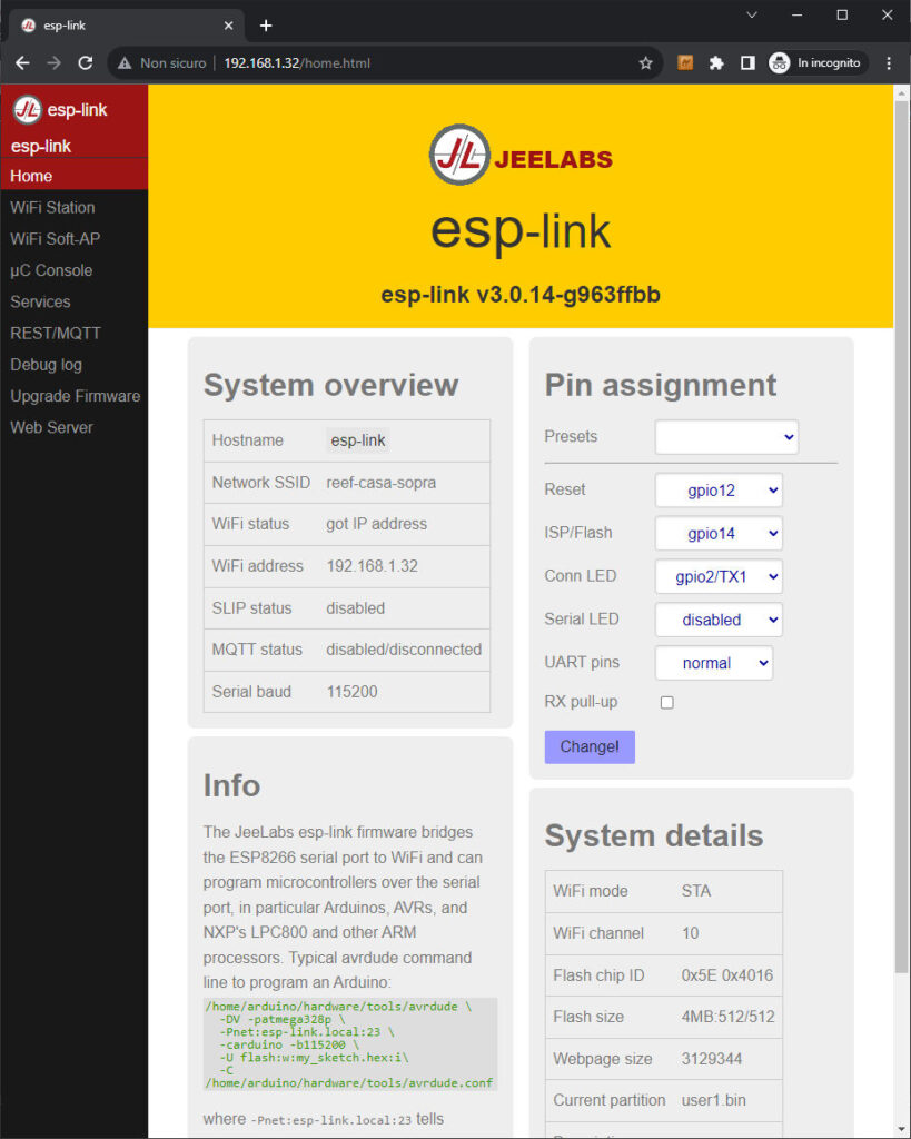 Configurazione dei pin del NodeMCU su ESP-Link