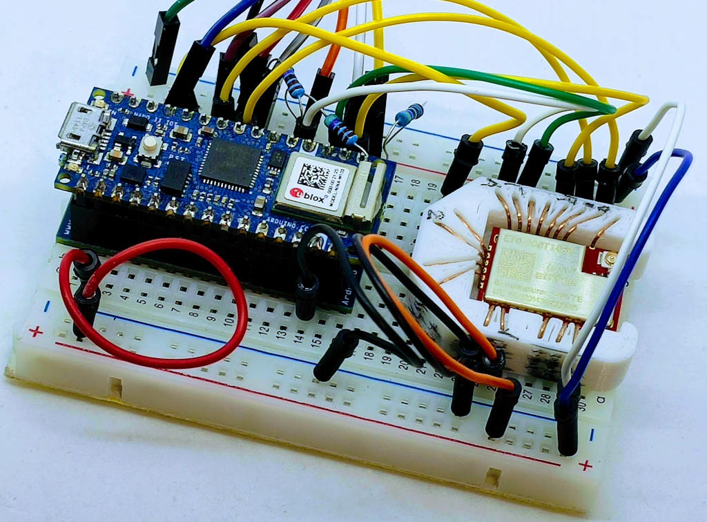 Arduino Nano 33 IoT and EByte E70 433T14S2 breadboard with socket adapter