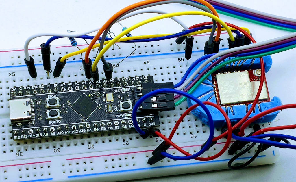 STM32 and EByte E70 433T14S2 on breadboard with socket adapter