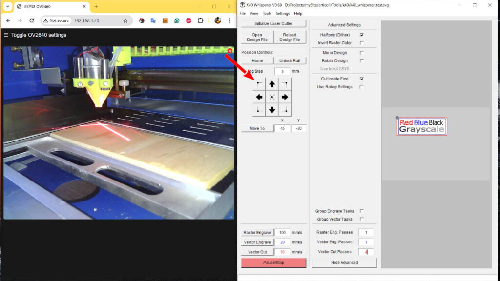 K40 Laser e K40 Whisperer: posizionamento del file di test in alto a sinistra