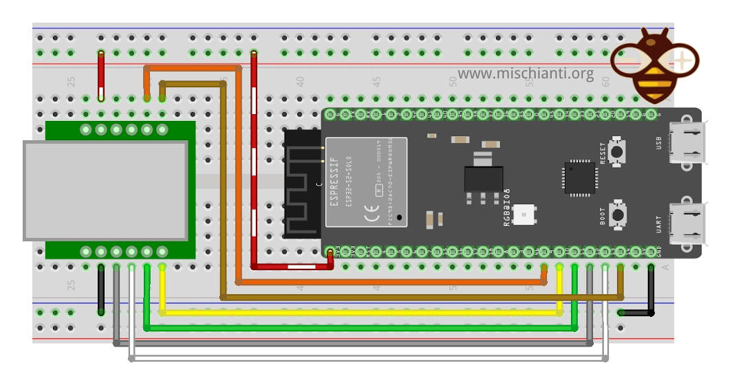 ESP32-S3 e modulo Ethernet Mini W5500 su breadboard