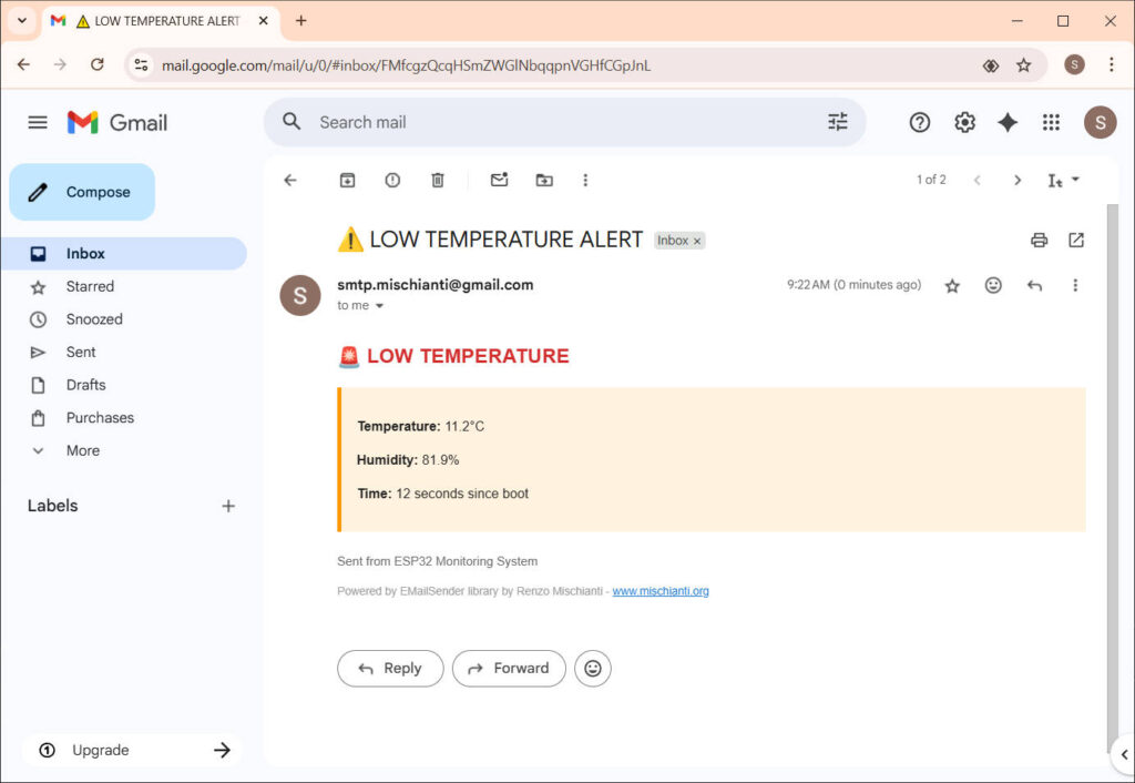EMailSender temperature humidity alert example
