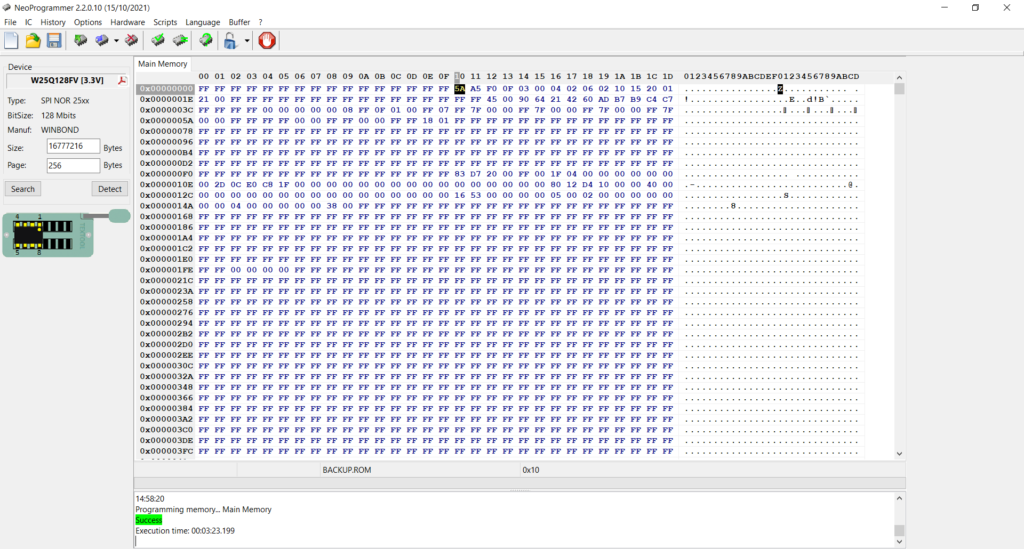 NeoProgrammer conferma "Success" dopo la scrittura della Main Memory