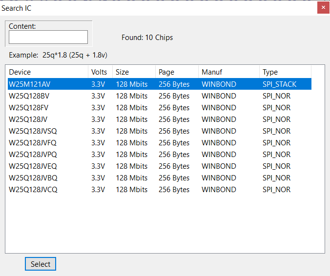 Selezione del modello corretto Winbond W25Q128BV dal database