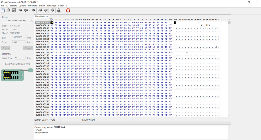 Verifica del contenuto della memoria che mostra una potenziale mancata corrispondenza del modello/dimensione del chip (W25N01GV selezionato)