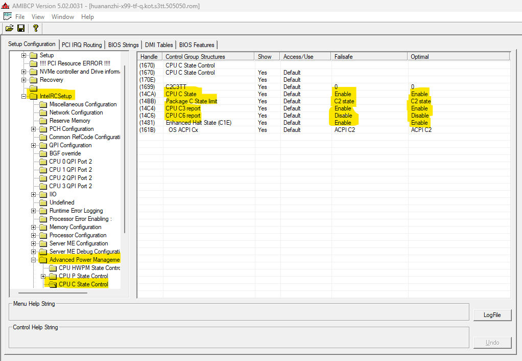 S3TurboTool: Common RefCode Configuration → IntelRCSetup → Advanced Power Management Configuration → CPU C State Control