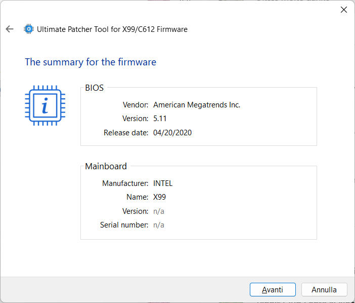 Riepilogo firmware che mostra la versione originale del BIOS (5.11)