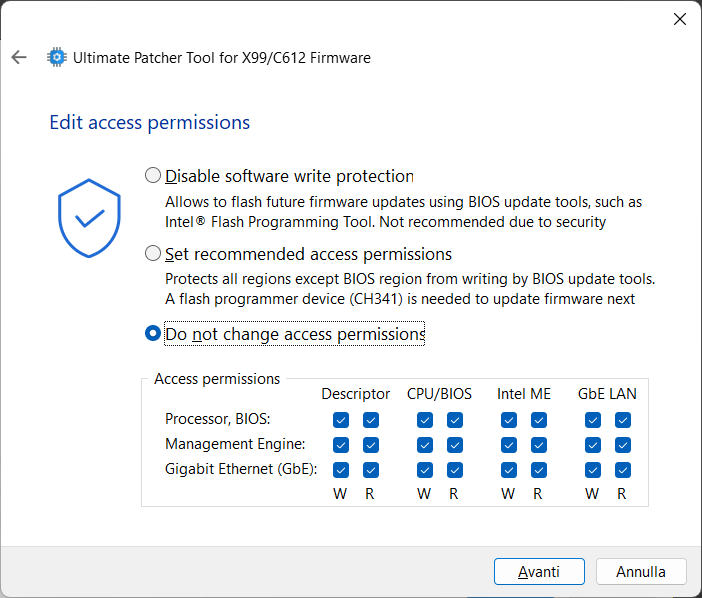 Impostazioni dei permessi (lasciate predefinite per la programmazione hardware)